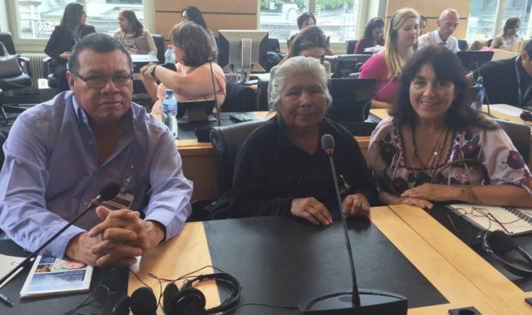 <center>IITC’s delegation to the Committee on the Rights of the Child in Geneva, May 19, 2015, presented on the impacts of toxic pesticides used on children in Rio Yaqui Sonora, Mexico. From left to right, Francisco Villegas Paredes, Aurelia Espinoza Buitimea, and Andrea Carmen.</center>